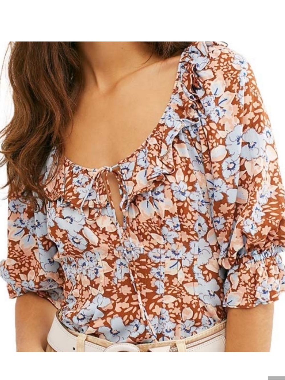 Free People Sweet Memories Floral Crop Ruffle Blouse Size L - Picture 10 of 11